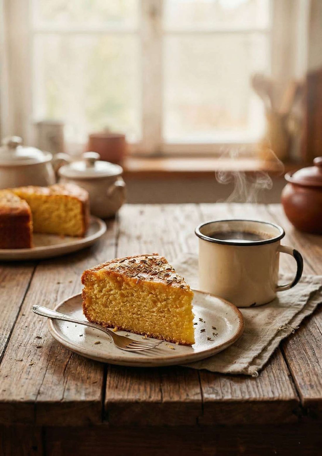 Fatia de bolo de fubá com café passado, em mesa de madeira de fazenda